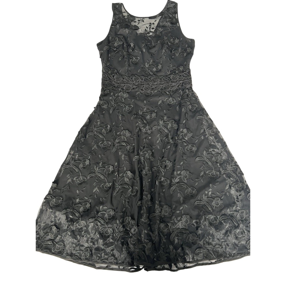 WHBM Womens Size 8 Cocktail Dress Black Floral Embroidered Mesh Fit Flare Event
